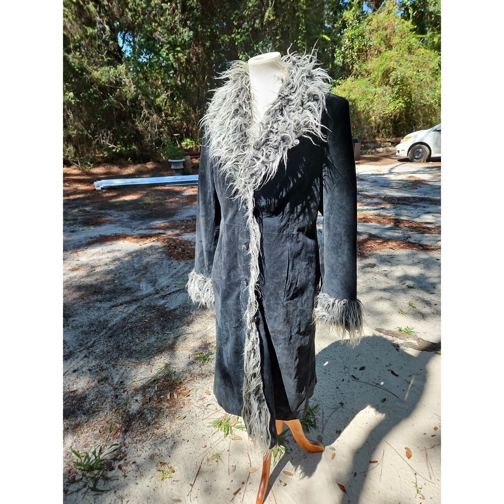Vintage Leather Penny Lane Coat Faux Fur Collar Trim Long Jacket Y2K 90s Large